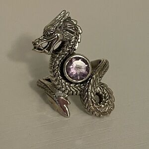Sterling Silver Dragon with Genuine Amethyst – Fantasy Dragon Statement RingSOLD